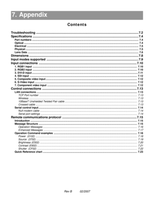 Page 97Rev B          02/2007
7. Appendix
Contents
7. Appendix7.1
Troubleshooting...................................................................................................................... 7.2
Specifications.......................................................................................................................... 7.4
Part numbers................................................................................................................................................... 7.4
Optical...