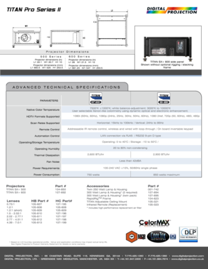 Page 2DIGITAL PROJECTION, INC. • 55 CHASTAIN ROAD. SUITE 115. KENNESAW. GA. 30144 • T-770.420.1350 • F-770.420.1360 • www.digitalprojection.com
DIGITAL PROJECTION, LTD. • GREENSIDE WAY. MIDDLETON. MANCHESTER. UK. M24 IXX • T-+44.161.947.3300 • F-+44.161.684.7674 • www.digitalprojection.co.uk
Native Color Temperature
HDTV Formats Supported
Scan Rates Supported
Remote Control
Automation Control
Operating/Storage Temperature
Operating Humidity
Thermal Dissipation 
Fan Noise
Power Requirements
Power...