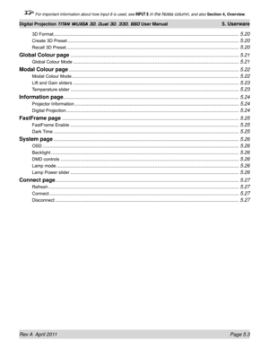 Page 119Rev A  April 2011 Page 5.3
Digital Projection TITAN WUXGA 3D, Dual 3D, 330. 660 User Manual 5. Userware
 For important information about how Input 8 is used, see INPUT 8 in the Notes column, and also Section 4, Overview .
3D Format ........................................................................\
..............................................................5.20
Create 3D Preset ........................................................................\...