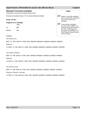 Page 167Rev A  April 2011 Page 7.19
Digital Projection TITAN WUXGA 3D, Dual 3D, 330. 660 User Manual 7. Appendix
Operation Command examples
All operation commands are located at bytes 9 &10.
All values are located at bytes 17 & 18 unless otherwise indicated
Power  (0102)
Projector On or Standby
   Value
On   00h
Standby   04h
Examples
Set Projector (On)
BEEF  03   1900  5858  01  0102   0000  00000000  00000000  00000000  00000000  00000000
Response
1E  BEEF  03  1900  5858  01  0102   0000  00000000  00000000...