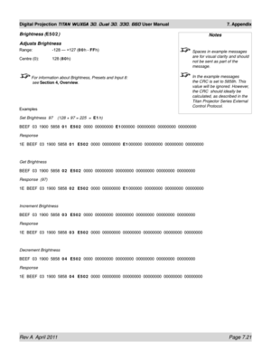 Page 169Rev A  April 2011 Page 7.21
Digital Projection TITAN WUXGA 3D, Dual 3D, 330. 660 User Manual 7. Appendix
Brightness (E502)
Adjusts Brightness
Range:    -128 — +127 (00h - FFh)
Centre (0): 128 (80h)
 For information about Brightness, Presets and Input 8: 
see  Section 4, Overview .
Examples
Set Brightness  97    (128 + 97 = 225  =  E1h)
BEEF  03  1900  5858  01  E502   0000  00000000  E1000000  00000000  00000000  00000000
Response
1E  BEEF  03  1900  5858  01  E502   0000  00000000  E1000000  00000000...