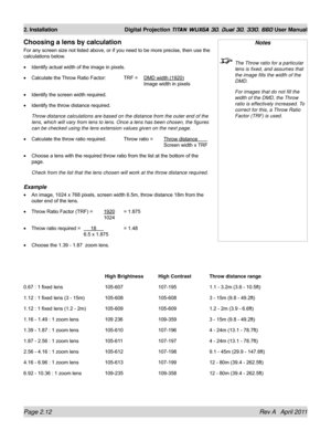 Page 36Page 2.12 Rev A   April 2011
2. Installation Digital Projection TITAN WUXGA 3D, Dual 3D, 330. 660 User Manual
Notes
 The Throw ratio for a particular 
lens is fixed, and assumes that 
the image fills the width of the 
DMD.
  For images that do not fill the 
width of the DMD, the Throw 
ratio is effectively increased. To 
correct for this, a Throw Ratio 
Factor (TRF) is used. 
Choosing a lens by calculation
For any screen size not listed above, or if you need to be more precise, then use the 
calculations...