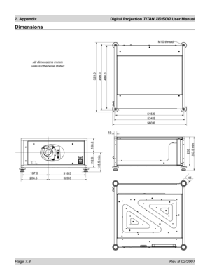 Page 104Page 7.8 Rev B 02/2007
7. Appendix  Digital Projection TITAN XG-500 User Manual
Dimensions
All dimensions in mm 
unless otherwise stated 