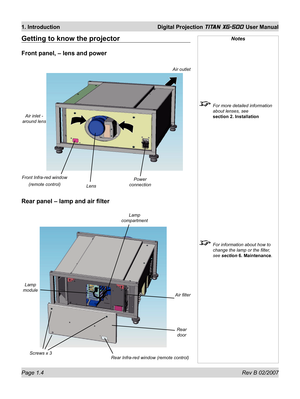 Page 18Page 1.4 Rev B 02/2007
1. Introduction  Digital Projection TITAN XG-500 User Manual
Getting to know the projector
Front panel, – lens and power
Notes
  For more detailed information 
about lenses, see 
section 2. Installation
  For information about how to 
change the lamp or the ﬁ lter, 
see section 6. Maintenance.
Rear panel – lamp and air ﬁ lter
Power 
connection
LensAir outlet
Air inlet - 
around lens
Front Infra-red window
(remote control)
Air ﬁ lter Lamp 
compartment
Lamp 
module
Screws x 3Rear...