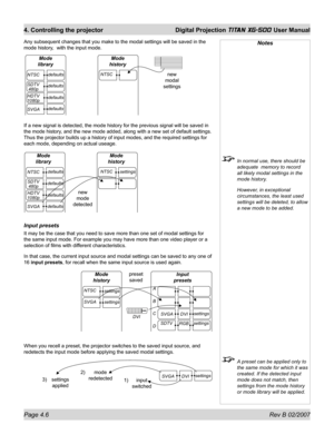 Page 48Page 4.6 Rev B 02/2007
4. Controlling the projector  Digital Projection TITAN XG-500 User Manual
Any subsequent changes that you make to the modal settings will be saved in the 
mode history,  with the input mode.
If a new signal is detected, the mode history for the previous signal will be saved in 
the mode history, and the new mode added, along with a new set of default settings. 
Thus the projector builds up a history of input modes, and the required settings for 
each mode, depending on actual...