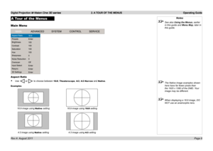 Page 8
Digital Projection M-Vision Cine 3D series  2. A TOUR OF THE MENUS  Operating Guide
Page Rev A  August 2011
A Tour of  the Menus
Main Menu
Aspect Ratio
Use..or..to.choose.between.16:9,.Theaterscope,.4:3,.4:3 Narrow.and.Native.
Examples
•
Notes
 See also Using the Menus, earlier 
in this guide and Menu Map, later in 
this guide.
 The Native image examples shown 
here have far fewer pixels than 
the 1920 x 1080 of the DMD. Your 
image may be different.
 When displaying a 1:9 image, DO 
NOT use...