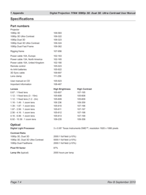 Page 150
Page 7.4  Rev B September 2010
7. Appendix  Digital Projection TITAN 1080p 3D, Dual 3D. Ultra Contrast User Manual

Specifications
Part numbers
Projector
1080p 3D  109-583
1080p 3D Ultra Contrast  109-322
1080p Dual 3D  109-323
1080p Dual 3D Ultra Contrast  109-324
1080p Dual Fast Frame  109-362
Rigging frame  107-956
Power cable 10A, Europe  102-163
Power cable 13A, North America  102-165
Power cable 10A, United Kingdom  102-180
Remote control  105-023
4x AAA batteries  105-922
3D Sync cable  109-697...