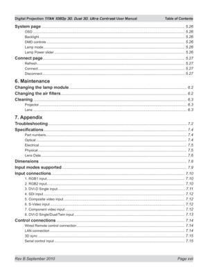 Page 17
Rev B September 2010 Page xvii
Digital Projection TITAN 1080p 3D, Dual 3D. Ultra Contrast User Manual  Table of Contents

System page ......................................................................................................................................5.26
OSD ..............................................................................................................................................5.26
Backlight...