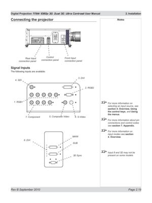 Page 43
Rev B September 2010 Page 2.19
Digital Projection TITAN 1080p 3D, Dual 3D. Ultra Contrast User Manual  2. Installation

Notes
 For more information on 
selecting an input source, see 
section	4.	Overview,	using	
the control keys, and Using 
the menus.
 For more information about pin 
connections and control codes 
see section 7. Appendix.
 For more information on 
input modes see section 
4. Overview.
 Input 8 and 3D may not be 
present on some models
Connecting the projector
Signal Inputs
The following...