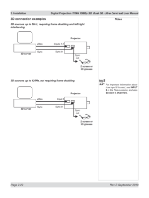 Page 46
Page 2.22  Rev B September 2010
2. Installation  Digital Projection TITAN 1080p 3D, Dual 3D. Ultra Contrast User Manual

Projector
3D server
Z screen or  
3D glasses
Inputs 1-7
Sync
Video
Sync 
out
3D connection examples
3D sources up to 60Hz, requiring frame doubling and left/right 
interleaving
Notes
 For important information about 
how Input 8 is used, see INPUT 
8 in the Notes column, and also 
Section	4,	Overview
.
Sync in
Projector
3D server
Z screen or  
3D glasses
Input 8
Sync
Video
Sync 
out...