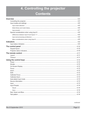 Page 53
Rev B September 2010 Page 4.1
4. Controlling the projector
Contents
Overview ...............................................................................................................................................4.5
Controlling the projector.....................................................................................................................4.5
Input modes and settings...