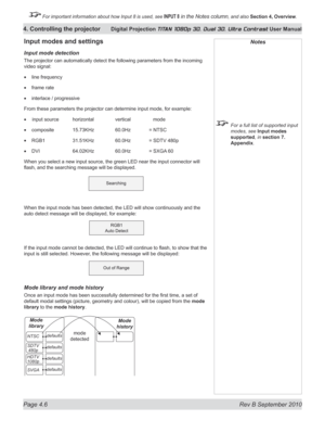 Page 58
Page 4.6  Rev B September 2010
4. Controlling the projector Digital Projection TITAN 1080p 3D, Dual 3D. Ultra Contrast User Manual

 For important information about how Input 8 is used, see INPUT 8 in the Notes column, and also Section	4, 	Overview.

Input modes and settings
Input mode detection
The projector can automatically detect the following parameters from the incoming 
video signal:
line frequency
frame rate
interlace / progressive
From these parameters the projector can determine input mode,...