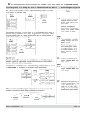 Page 59
Rev B September 2010 Page 4.7
Digital Projection TITAN 1080p 3D, Dual 3D. Ultra Contrast User Manual 4. Controlling the projector

 For important information about how Input 8 is used, see INPUT 8 in the Notes column, and also  Section	4, 	Overview.

Any subsequent changes that you make to the modal settings will be saved in the 
mode history,  with the input mode.
If a new signal is detected, the mode history for the previous signal will be saved in 
the mode history, and the new mode added, along with...