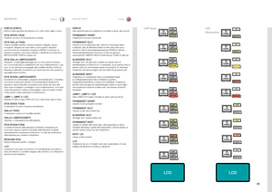 Page 2525
italianonorskINDICATORIINDIKATORER
STATUS (STATO)Indica.lo .stato .generale .del .sistema .con .i. colori .verde, .giallo .e .rosso  .
SPIA VERDE FISSAProiettore .acceso .e .in .funzionamento .normale  .
SPIA GIALLA FISSAUnità.in .modalità .standby; .nessuna .sorgente .collegata, .oppure.le .sorgenti .collegate .non .sono .attive .o .sono .spente, .attivando.perciò .la .funzione .di .risparmio .energetico .(DPMS)  ..La .funzione .di.risparmio .energetico .può .essere .attivata .o .disattivata .nel...