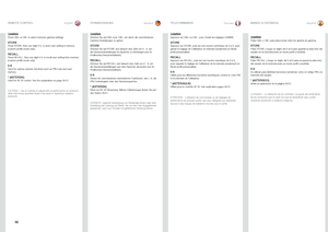 Page 30\f0
englishdeutschfrancaisespañol
GAMMAPress.GM+ .or .GM- .to .select .between .gamma .settings  ..
STOREPress.STORE, .then .one .digit .0-9, .to .store .user .setting .in .memory.(custom .profile .mode .only)  .
RECALLPress .RECALL, .then .one .digit .0-9, .to .recall .user .setting .from .memory.(custom .profile .mode .only)  .
0-9Used .for .various .numeric .functions .such .as .PIN .code .and .user.memory  .
* (ASTERISK)Used.for .RC .ID .control  ..See .the .explanation .on .page .2\f/27  .
CAUTION!...