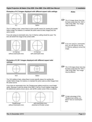 Page 21
Rev A December 2010 Page 2.3
Digital Projection M-Vision Cine 230, Cine 260, Cine 400 User Manual 2. Installation

Examples of 4:3 images displayed with different aspect ratio settings
The 4:3 setting is best, unless there is some specific reason for wantin\
g the smaller 
Native image, for instance, to maintain the same scale as other images f\
rom the 
same source.
If you are using an anamorphic lens, the 4:3 Narrow setting should be us\
ed. The 
lens will stretch the image to the correct width....