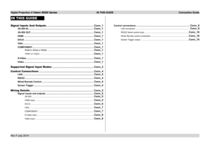 Page 20Digital Projection E-Vision 8000 Series  IN THIS GUIDE Connection Guide
IN THIS GUIDE
Signal Inputs And Outputs ....................................................................Conn_1
3G-SDI IN .........................................................................................................Conn_1
3G-SDI OUT .....................................................................................................Conn_1
HDMI...