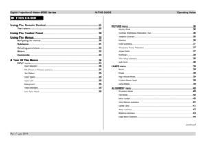 Page 32Digital Projection E-Vision 8000 Series  IN THIS GUIDE Operating Guide
IN THIS GUIDE
Using The Remote Control ........................................................................\
.....28
Test Pattern ................................................................................................................28
Using The Control Panel ........................................................................\
.........29
Using The Menus...