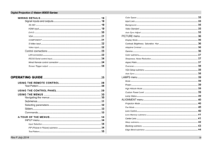 Page 5Digital Projection E-Vision 8000 Series  
iv
WIRING DETAILS ........................................................................\
.19
Signal inputs and outputs ....................................................................19
3G-SDI .............................................................................................19
HDMI input .........................................................................................19
DVI-D...