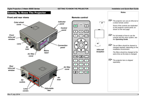 Page 10Digital Projection E-Vision 8000 Series  GETTING TO KNOW THE PROJECTOR Installation and Quick-Start Guide
4
Getting To Know The Projector
Front and rear views
Notes
 The projector can use an infra-red or 
a wired remote control.
  Some of the controls are duplicated 
on the projector control panel, as 
shown on the next page.
 For full details of how to use the 
controls and the menu system, see 
the Operating Guide.
 The air filters should be cleaned or 
changed regularly, depending on the 
installation...