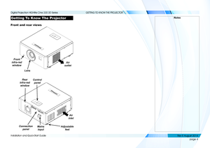 Page 12page 4
Installation and Quick-Start Guide
GETTING TO KNOW THE PROJECTOR
Getting To Know The Projector
Front and rear views
Air 
outlet
Lens
Front 
infra-red  window
Control  panel
Rear 
infra-red  window
Connection  panel
Mains input
Air 
inlet
Adjustable  feet
Notes
   
    
Digital Projection HIGHlite Cine 330 3D Series 
Rev E August 2014  
