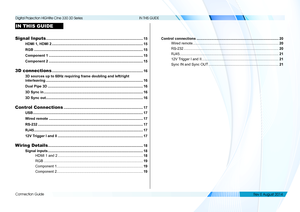 Page 22Connection Guide
IN THIS GUIDE
IN THIS GUIDE
Signal Inputs ........................................................................\
..........................15
HDMI 1, HDMI 2 ............................................................................................15
RGB ..............................................................................................................15
Component 1 ...............................................................................................15
Component...