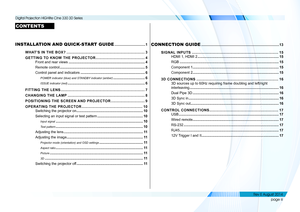 Page 4page iii
CONTENTS
INSTALLATION AND QUICK-START GUIDE ..............................1
WHAT’S IN THE BOX? ...................................................................3
GETTING TO KNOW THE PROJECTOR ..........................................4
Front and rear views .............................................................................4
Remote control  ......................................................................................5
Control panel and indicators...