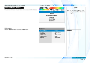 Page 36page 28
Operating Guide
A TOUR OF THE MENUS
A Tour Of  The Menus
The projector settings are grouped into six menus as shown in the illust\
ration.
Main menu
Selecting Main from the top level opens the Main menu.
Notes
 See also Using the Menus earlier 
in this guide and  Menu Map later in 
this guide.
Main Menu
IMAGE
MAIN
ADVANCED IMAGE SYSTEM
CONTROL
SERVICE
Presets
Overscan
3D Control
Input Select
Resync
MAIN >>



Off
HDMI 1
Aspect Ratio
Native
   
    
Digital Projection HIGHlite Cine 330 3D Series...