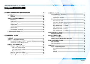 Page 6page v
REMOTE COMMUNICATIONS GUIDE ..........................................47
INTRODUCTION ........................................................................\
...49
Examples ............................................................................................49
THE OPERATION COMMANDS.....................................................50
Main menu ..........................................................................................50
Image menu...