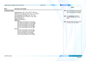 Page 52page 44
Operating Guide
MENU MAP
Menu Sub-menus and settings
ADVANCED IMAGE
Colorspace Auto, YPbPr, YCbCr, RGB PC, RGB Video
Gamma CRT (2.5), Film (2.2), Video, Punch (2.0), Graphics
Color Temperature 5500, 6500, 7500, 9300, Native
Color Gamut Auto, REC709, SMPTE-C, EBU, Native
Dynamic Black Of f, On
Adaptive Contrast Of f, On
RGB Adjust
Red Offset value between 0 and 200 (10 0)
Green Offset value between 0 and 200 (10 0)
Blue Offset value between 0 and 200 (10 0)
Red Gain value between 0 and 200 (10 0)...