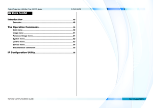 Page 56Remote Communications Guide
IN THIS GUIDE
IN THIS GUIDE
Introduction ........................................................................\
...........................49
Examples......................................................................................................49
The Operation Commands ...................................................................50
Main menu....................................................................................................50
Image menu...