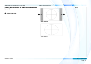 Page 70page 62
Reference Guide
ASPECT RATIOS EXPLAINED
Aspect ratio examples for DMD™ resolution 1080p
Source: 4:3
1Unused screen areas
Notes
Aspect Ratio: 4:3
11
Aspect Ratio: 16:9
   
    
Digital Projection HIGHlite Cine 330 3D Series 
Rev E August 2014  