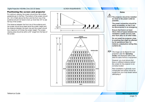 Page 78page 70
Reference Guide
SCREEN REQUIREMENTS
Positioning the screen and projector
For optimum viewing, the screen should be a flat surface 
perpendicular to the floor. The bottom of the screen should 
be 1.2m (4 feet) above the floor and the front row of the 
audience should not have to look up more than 30° to see 
the top of the screen.
The distance between the front row of the audience and 
the screen should be at least twice the screen height and 
the distance between the back row and the screen...