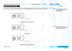 Page 89page 81
Reference Guide
POSITIONING THE IMAGE
Positioning The Image
The normal position for the projector is at the centre of the screen. Ho\
wever, you can set the projector above or below the centre, or to one side, 
and adjust the image using the Lens shift feature (known as rising and falling front) to maintain a geometrically correct image.
Notes
 For more information on shifting 
the lens, see Control menu  in the 
Operating Guide .
 Whenever possible, position the 
projector so that the lens is...