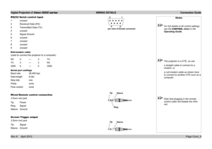 Page 25Digital Projection E-Vision 8000 series  WIRING DETAILS Connection Guide
Page Conn_9
RS232 Serial control input
1 unused
2 Received Data (RX)
3 Transmitted Data (TX)
4 unused
5 Signal Ground
6 unused
7 unused
8 unused
9 unused
Null-modem cable
(used to connect the projector to a computer)
RX 2 ---  3 TX
TX 3 ---  2 RX
GND 5 ---  5 GND
Serial port settings
Baud rate 38,400 bps
Data length 8 bits
Stop  bits  one
Parity  none
Flow control none
Wired Remote control connection
3.5mm mini jack
Tip Power
Ring...