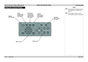 Page 30Digital Projection E-Vision 8000 series  USING THE CONTROL PANEL Operating Guide
Page Op_2
Notes
 Some options and controls may not 
be available due to settings in the 
menus.
 For full details of how to use the 
menu system, see later in this guide.
Using the Control Panel
MENU controlsLENS controls
POWER: Off or Standby
INPUT: select from the available video input signals
AUTO SYNC: Projector will re-synchronise with the current input signal
ASPECT: select from a list of available aspect...