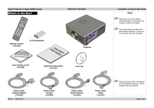 Page 5Digital Projection E-Vision 8000 series  WHAT'S IN THE BOX? Installation and Quick-Start Guide
Page Inst_1
What’s in the Box?Notes
 Make sure your box contains 
everything listed. If any pieces are 
missing, contact your dealer.
 You should save the original box 
and packing materials, in case you 
ever need to ship your Projector.
 Only one power cable - dependent 
on the destination territory - will be 
supplied with the projector.
Remote control 
(112-532)
2x AAA batteries
User Guides on CD...