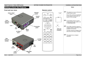 Page 6Digital Projection E-Vision 8000 series  GETTING TO KNOW THE PROJECTOR Installation and Quick-Start Guide
Page Inst_2
Getting to Know the Projector
Front and rear views
Notes
 The projector can use an infra-red or 
a wired remote control.
  Some of the controls are duplicated 
on the projector control panel, as 
shown on the next page.
 For full details of how to use the 
controls and the menu system, see 
the Operating Guide.
	 The	air	filters	should	be	cleaned	or	
changed regularly, depending on the...