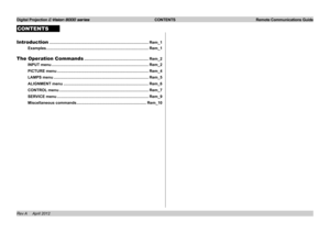 Page 55Digital Projection E-Vision 8000 series  CONTENTS Remote Communications Guide
CONTENTS
Introduction ........................................................................\
...................Rem_1
Examples..............................................................................................Rem_1
The Operation Commands ...........................................................Rem_2
INPUT menu .........................................................................................Rem_2
PICTURE...