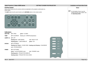 Page 7Digital Projection E-Vision 8000 series  GETTING TO KNOW THE PROJECTOR Installation and Quick-Start Guide
Page Inst_3
Control panel
Some of the controls from the remote control are duplicated on the proje\
ctor control panel, as 
shown below.
The EXIT button has the same function as the RETURN button on the remote control.
Notes
 For full details of how to use the 
controls and the menu system, see 
the Operating Guide.
Indicators
SHUTTER off = OPEN green = CLOSED
TEMP off = NO ERROR  flashing red =...