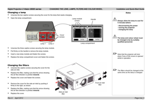 Page 9Digital Projection E-Vision 8000 series  CHANGING THE LENS, LAMPS, FILTERS AND COLOUR WHEEL Installation and Quick-Start Guide
Page Inst_5
Changing a lamp
• Unscrew the two captive screws securing the cover for the lamp that need\
s changing.
• Open the lamp compartment.
• Unscrew the three captive screws securing the lamp module.
• Pull firmly on the handle to remove the lamp module.
• Insert a new lamp module and fasten the screws.
• Replace the lamp compartment cover and fasten the screws.
Notes...