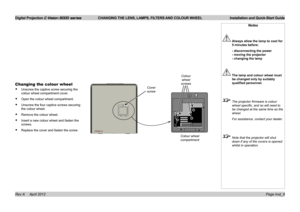 Page 10Digital Projection E-Vision 8000 series  CHANGING THE LENS, LAMPS, FILTERS AND COLOUR WHEEL Installation and Quick-Start Guide
Page Inst_6
Changing the colour wheel
• Unscrew the captive screw securing the 
colour wheel compartment cover.
• Open the colour wheel compartment.
• Unscrew the four captive screws securing 
the colour wheel.
• Remove the colour wheel.
• Insert a new colour wheel and fasten the 
screws.
• Replace the cover and fasten the screw.
Cover 
screw
Colour wheel 
compartment
Colour...
