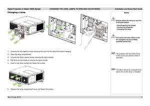 Page 15Digital Projection E-Vision 7500 Series  CHANGING THE LENS, LAMPS, FILTERS AND COLOR WHEEL Installation and Quick-Start Guide
9
Changing a lamp
1. Unscrew the two captive screws securing the cover for the lamp that needs changing.
2. Open the lamp compartment.
3. Unscrew the three captive screws securing the lamp module.
4. Pull firmly on the handle to remove the lamp module.
5. Insert a new lamp module and fasten the screws.
6. Replace the lamp compartment cover and fasten the screws.
Notes
 Always...