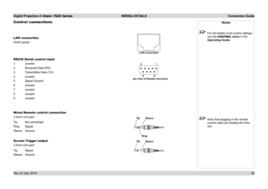 Page 35Digital Projection E-Vision 7500 Series  WIRING DETAILS Connection Guide
29
Control connections
LAN connection
RJ45 socket
RS232 Serial control input
1 unused
2 Received Data (RX)
3 Transmitted Data (TX)
4 unused
5 Signal Ground
6 unused
7 unused
8 unused
9 unused
Wired Remote control connection
3.5mm mini jack
Tip Not connected
Ring Signal
Sleeve Ground
Screen Trigger output
3.5mm mini jack
Tip Signal
Sleeve Ground
Notes
 For full details of all control settings, 
see the 
CONTROL menu in the 
Operating...