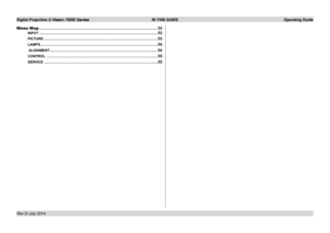 Page 39Digital Projection E-Vision 7500 Series  IN THIS GUIDE Operating Guide
Menu Map........................................................................\
.....................................53
INPUT .........................................................................................................................53
PICTURE ....................................................................................................................53
LAMPS...