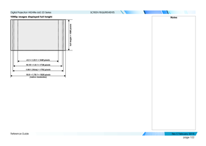 Page 110page 102
Reference Guide
SCREEN REQUIREMENTS
1080p images displayed full heightNotes
4:3 = 1.33:1 = 1440 pixels
full height = 1080 pixels
1.66:1 (Vista) = 1792 pixels16:9 = 1.78:1 = 1920 pixels  
(native resolution)
16:10 = 1.6:1 = 1728 pixels
   
Digital Projection HIGHlite 660 3D Series 
Rev E Februar y 2015  