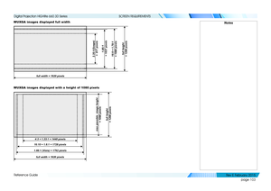 Page 111page 103
Reference Guide
SCREEN REQUIREMENTS
WUXGA images displayed full width
WUXGA images displayed with a height of  1080 pixels
full width = 1920 pixels
2.35:1(Scope)  =  817 pixels
1.85:1 
 = 1037 pixels
16:9 = 1.78:1  
= 1080 pixelsfull height  
= 1200 pixels
Notes
4:3 = 1.33:1 = 1440 pixels
full height  
= 1200 pixels
1.66:1 (Vista) = 1792 pixels 16:10 = 1.6:1 = 1728 pixels
max possible  image height 
 
= 1080 pixels
full width = 1920 pixels
   
Digital Projection HIGHlite 660 3D Series 
Rev E...