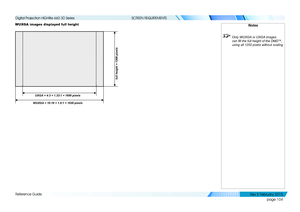 Page 112page 104
Reference Guide
SCREEN REQUIREMENTS
WUXGA images displayed full heightNotes
 Only WUXGA or UXGA images 
can fill the full height of the DMD ™, 
using all 1200 pixels without scaling.
 full height = 1200 pixels
WUXGA = 16:10 = 1.6:1 = 1920 pixels UXGA = 4:3 = 1.33:1 = 1600 pixels
   
Digital Projection HIGHlite 660 3D Series 
Rev E Februar y 2015  