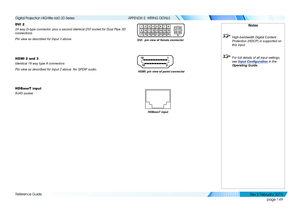 Page 157page 149
Reference Guide
APPENDIX E: WIRING DETAILS
DVI 2
24 way D-type connector, plus a second identical DVI socket for Dual Pipe 3D 
connections
Pin view as described for Input 3 above.
HDMI 2 and 3
Identical 19 way type A connectors
Pin view as described for Input 2 above. No SPDIF audio.
HDBaseT input
RJ45 socket.
DVI:  pin view of female connector
Notes
 High-bandwidth Digital Content 
Protection (HDCP) is supported on 
this input.
 For full details of all input settings, 
see Input Configuration...