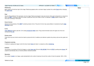 Page 168page 160
Reference Guide
APPENDIX F: GLOSSARY OF TERMS
Pillarboxing
Black margins at the left and right of the image. Pillarboxing appears w\
hen a narrower image is packed into a wider frame without changing 
the aspect ratio.
Pixel
Short for Picture Element. The most basic unit of an image. Pixels are arranged in lines and column\
s. Each pixel corresponds to a micromirror 
within the DMD™; resolutions reflect the number of pixels per line by the number of lines. For example, a 1080p projector contains...